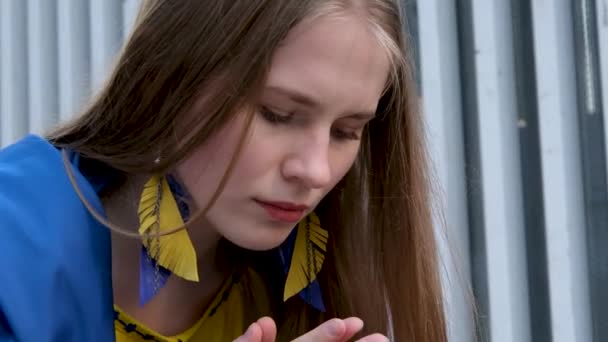 乌克兰女孩肩膀上挂着乌克兰国旗 双手交叉在胸前金发前祈祷 青春的痛苦在内心的战争中乌克兰赢得了对上帝的期望祷告请求 — 图库视频影像