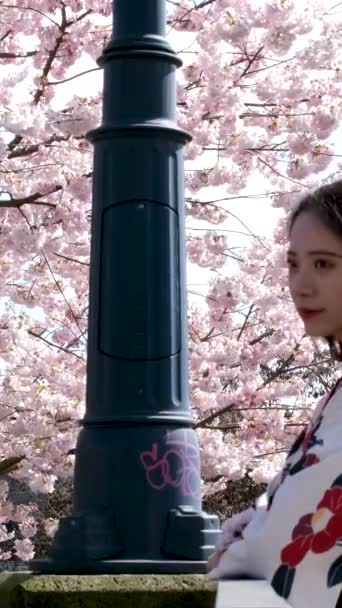 Smutné Asijské Dívka Stojí Blízkosti Třešňových Květů Mostě Dívá Dolů — Stock video