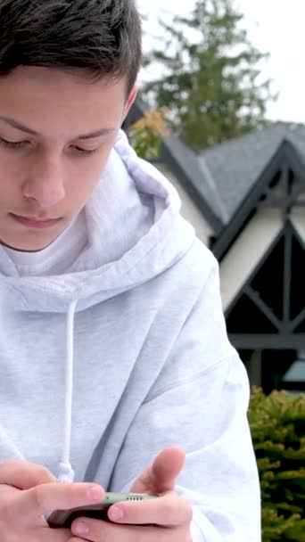 Nastolatek Chłopiec Szarej Bluzie Siedzi Telefonem Ręku Ulicy Piknik Czeka — Wideo stockowe