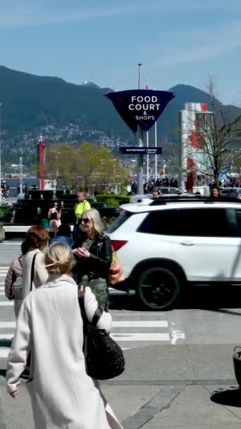 スニーカーのバックパックを着た人々が港の車の堤防に沿って歩く太陽の命を輝くタクシーバスはフルスイングですカナダ2023 — ストック動画