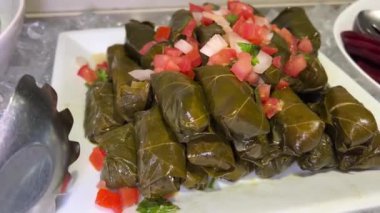 Lezzetli dolma doldurulmuş üzüm yaprağı pilav, yoğurt sosu. Lübnan Dolma Sarması tabakta. Lübnan Türk mutfağı, Yunan ortadoğu mutfağı. Adı Yaprak Sarma. Doldurulmuş üzüm yaprakları..