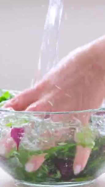 Супер Медленное Движение Летящей Косточки Разноцветных Овощей Воды Женщина Моющаяся — стоковое видео
