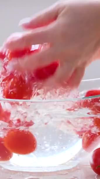 Close View Female Hands Washing Cherry Tomatoes Running Water Kitchen — Vídeos de Stock