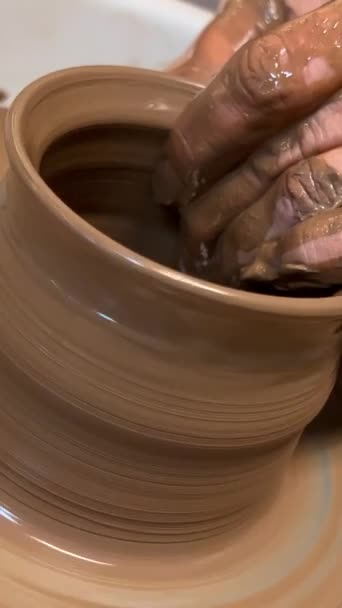 Womens Hands Making Kitchen Object Clay Potters Wheel Manual Potter — Stock Video