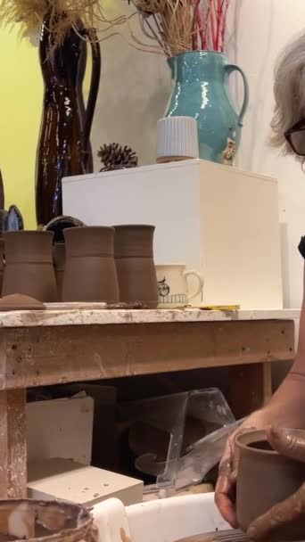 成年塞达毛茸茸的女人在陶瓷轮上做了一个产品 她把它放在桌上 并在加拿大试用2023年 — 图库视频影像