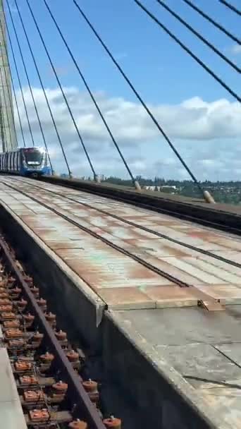 Pattullo Bridge Arrière Fenêtre Train Sur Pont Autre Train Bleu — Video