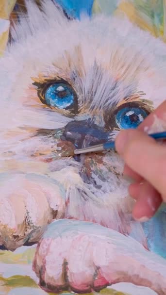 Ręcznie Malowane Piękny Ładny Kot Sztuki Kolor Wysokiej Jakości Materiał — Wideo stockowe