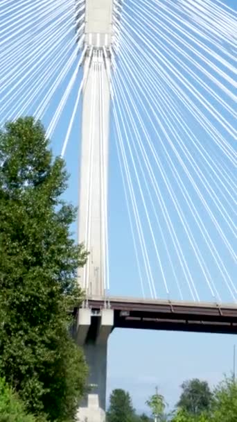 曼恩港大桥加拿大弗拉泽河畔 公元前后一段不同寻常的有趣的桥段 从底部向上伸展的美丽的白色电缆支撑着巨大而坚固的桥绿树铁路地球上的虹吸 — 图库视频影像