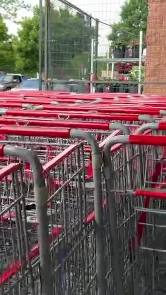 コストコ食料品の卸売スーパーマーケットは 商品のショッピングを拾う大きなカートに行くカナダバンクーバー07 2023 — ストック動画