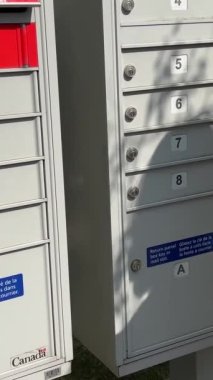 Posta kutusundan mektup alan kadın posta kutusundan kırmızı anahtar almış Kanada Vancouver Surrey Kutusunu almış Haziran 2023