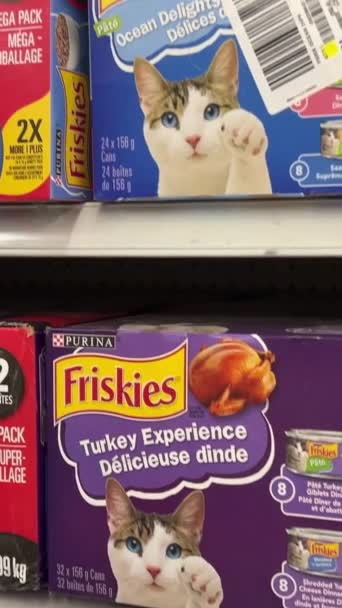 Friskies Cat Food Store Shelves Different Flavors Colors Tin Cans — Stock Video