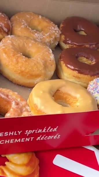 Large Open Box Tim Hortons Donuts Contrasted Light Variety Different — Stock Video