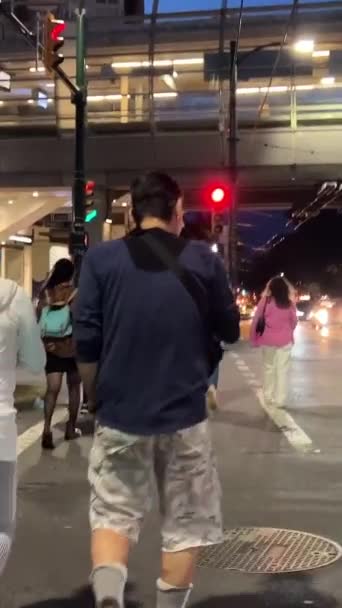 사람들은 인지할 수없는 남녀의 신호등 녹색으로 도로를 건너고 카메라 천천히 — 비디오