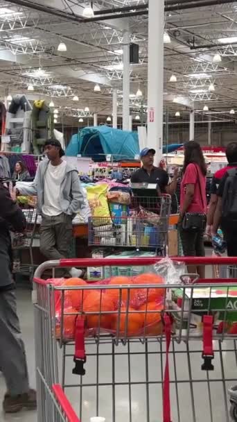 コストコ食料品と卸売スーパーマーケット人々は商品ショッピングBc カナダ バンクーバー 2023を拾う大きなカートを買い物に行きます — ストック動画