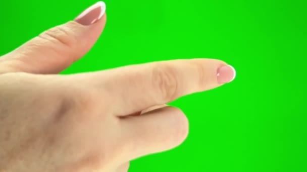 Green Background Chromakey Space Advertising Text Woman Finger Clicks Places — Αρχείο Βίντεο