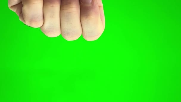 Волосатая Рука Человека Центре Зеленого Экрана Хрома Ключ Поднимает Палец — стоковое видео