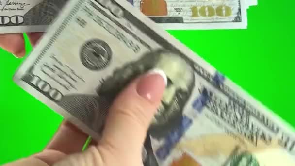 Stapel Van 100 Dollar Biljetten Groene Chromakey Achtergrond Vrouwelijke Handen — Stockvideo