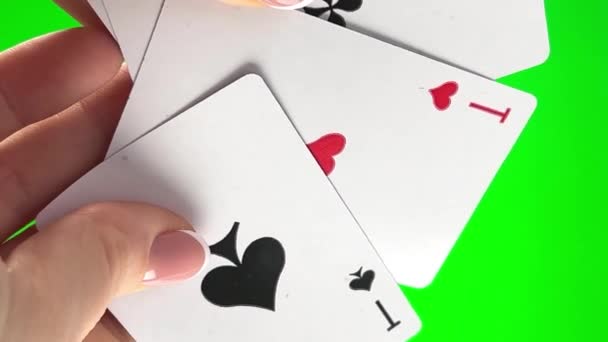 Hand Holding Four Aces Green Background Close Female Hands French — Video