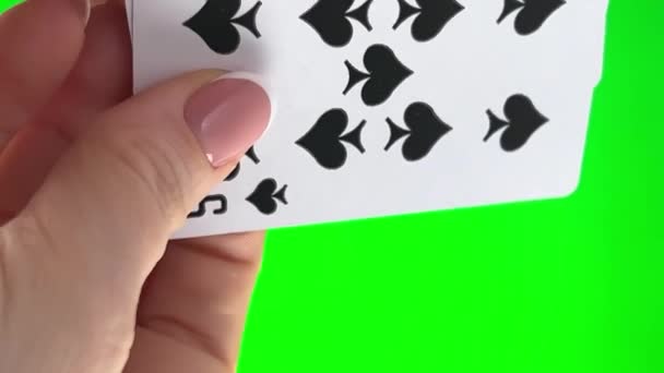 Female Hands French Manicure Woman Sorts Cards Examines Them Folds — Video Stock