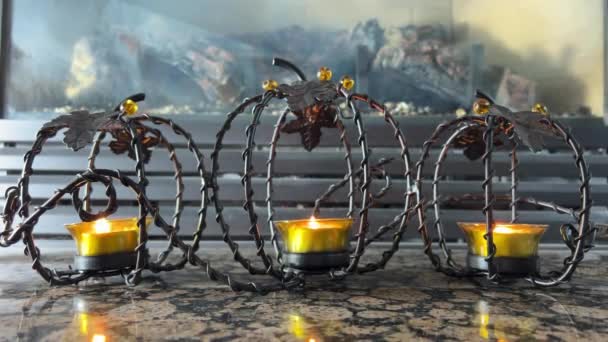 Beautiful Wicker Ironwork Pumpkins Stand Next Each Other Transparent Them — Stock Video