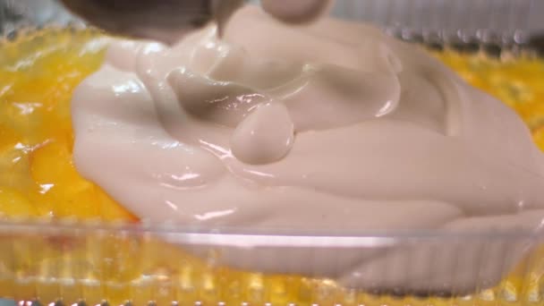 自宅でベリーでゼリーケーキを調理すると ブレンダーで美味しいデザートビートの層が注がれます プラスチック容器のおいしいデザートでテーブルスプーンで滑らかにブルーベリーゼリームースを注ぐ — ストック動画