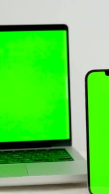 Kurumuş lavanta çiçekleri Laptop, tablet ve mobil boş yeşil ekranın görüntüsü dikey konumda yeşil arkaplanda izole edilmiş, kavram aygıtı düzeneği.