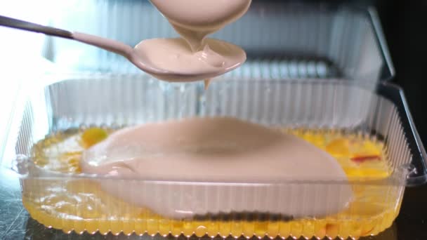 在家庭烹调食品中使用明胶作为健康关节 将几层果冻倒入一个塑料容器 盛放桃子蓝莓凝乳甜点 — 图库视频影像