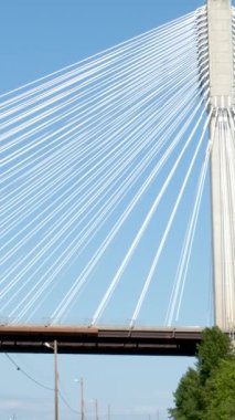 Port Mann Köprüsü. Kanada, Fraser Nehri üzerinde BC 'de ilginç bir köprü görüntüsü var. Aşağıdan yukarıya doğru uzanan güzel beyaz kablolar güçlü güçlü yeşil ağaçları destekliyor. Dünya' yı boruyla sifonluyor.