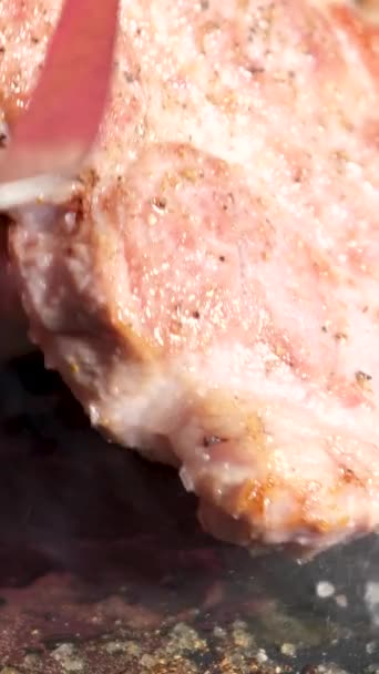 スパイスとグリルビーフステーキ隔離されたジュースステーキスパイスと中希少な牛肉炎とグリル上の牛肉ステーキ 高品質の写真 — ストック動画