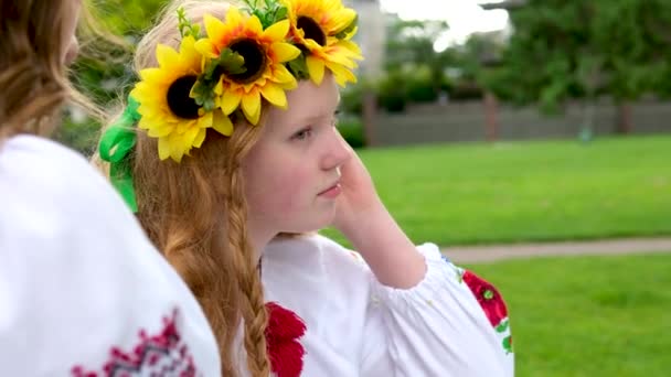 Красиві Молоді Жінки Дівчинки Плетуть Вінки Ходять Сміючись Спілкуючись Парку — стокове відео