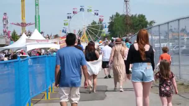 Amusement Park Adults Children Stroll Backdrop Swing People Buy Tickets — Stock Video