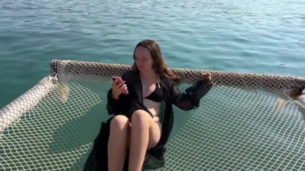 Vip Seaside Vacation Albania First Line Hammock Water Woman Black — Stock Video