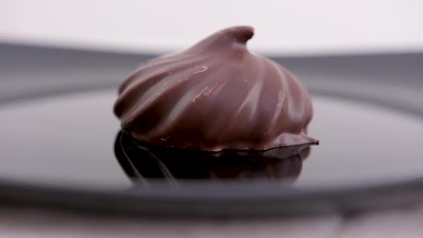 Melted Chocolate Poured Chocolate Sweet Delicious Chocolate Covered Marshmallow Wooden — Stock Video
