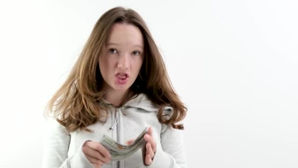 Young Woman Teenage Girl Waving 100 Dollar Bills Fan Singing — Stock Video