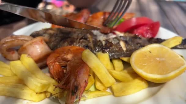 アルバニアのリゾートケミルにあるビーチシックなレストランで 少女は魚を食べ ナイフで揚げ物を食べ フォークの若い女性は日陰に座り 魚介類の大きなエビとドラド魚を食べます 休暇に時間を費やす — ストック動画