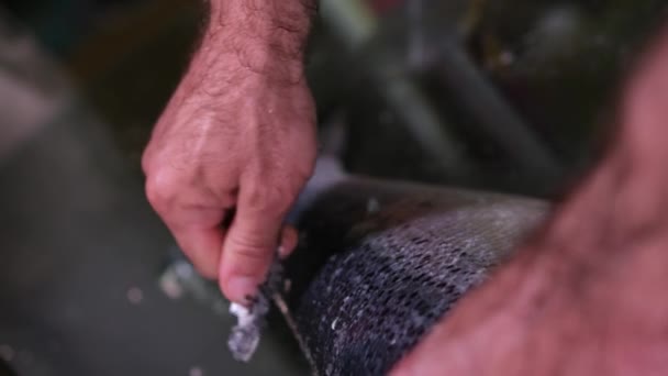 Процес Засолювання Червоного Рибного Лосося Очищає Рибу Від Лушпиння Покриваючи — стокове відео