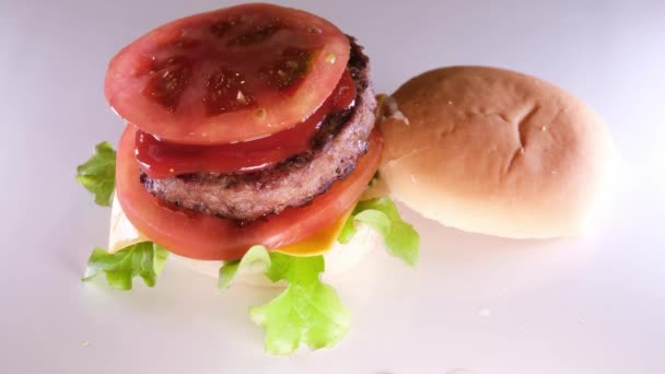 매혹적인 수분이 햄버거에 떨어지는 씨앗과 신선한 식욕을 고품질 — 비디오