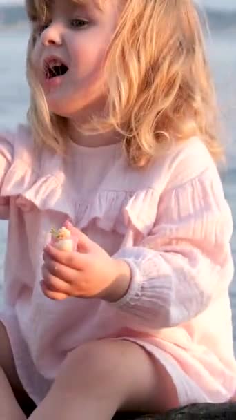 小さなかわいいです女の子とともに黄金の髪3歳座っていますケーキの生活お母さんでピンクのドレスで海の背景に海座っています黒石ピクニックの誕生日小さな子供ママケア — ストック動画