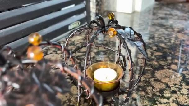 Beautiful Wicker Ironwork Pumpkins Stand Next Each Other Transparent Them — Stock Video