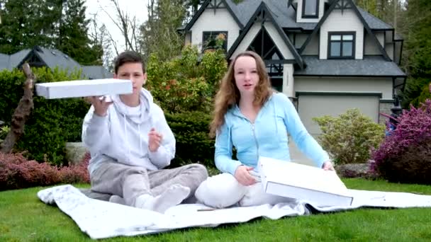 夕日にひまわり畑でピクニックをしている白いシャツを着た若い十代のカップル ピザやシャンパンを食べる — ストック動画