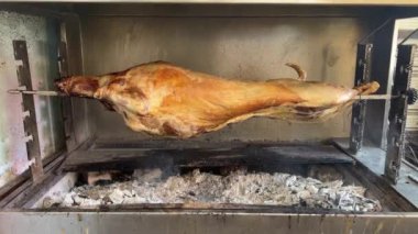 Tükürük metal bir sopayla kuzu eti kızartıyorum. Ateşin üzerinde dönen sopa, altın çıtır deri, kuzu eti ızgarası, vurulmuş. Yüksek kalite 4k görüntü