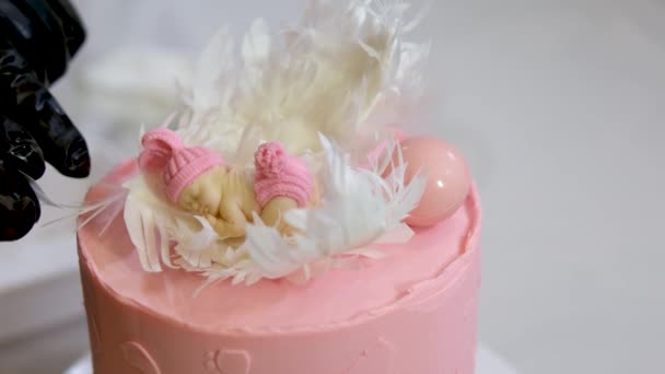 Tårta Bakgrund Blå Guld Bruna Ballonger För Födelsedagsfest Babydusch Trendig — Stockvideo