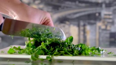 Tabakları süslemek için bıçakla taze bezelye filizlerini kesmek, tahta kesim tahtasında filizlenmek. Dekorasyon Gıda için mikroyeşiller. Yüksek kaliteli FullHD görüntüler