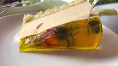 Şeftalili, jöleli ve vanilyalı meyveli kek. Yüksek kalite 4k görüntü