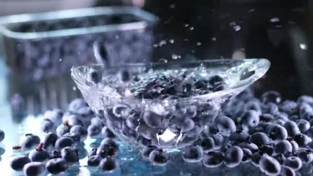 Eine Frau Wäscht Blaubeeren Einer Kleinen Plastikbox Unter Einem Wasserhahn — Stockvideo