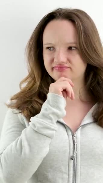Emotional Sad Girl Teenager Spreads Arms Sides Making Face Corners — Stock Video