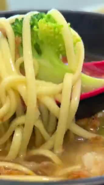 エビ団子スープ丼アジア風の豚肉とエビワンタンヌードルスープ — ストック動画