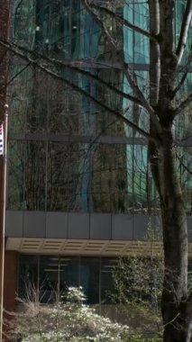 Burrard İstasyonu 'ndaki ofis binaları çalışanları tramvay trafik ışıklarına doğru koşuşturuyor. Erkekler ve kadınlar caddeyi geçerek toplu taşıma şehrine giderler. Kanada Vancouver 12.04.2023