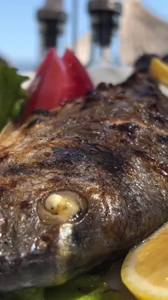 Poisson Crevettes Calmar Frites Sur Une Assiette Blanche Bord Mer — Video