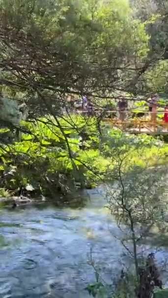Blue Eye Syri Kalter Mountain Spring People Bathing Summer Holidays — Stock Video